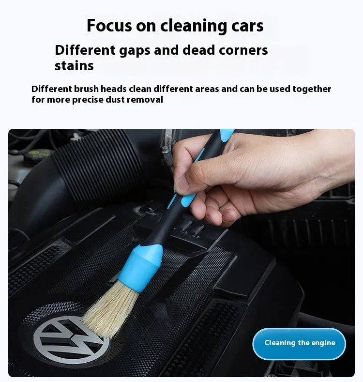 Blue detachable car wash brush set with four brush heads, two handles, and two elbows for hub gap cleaning