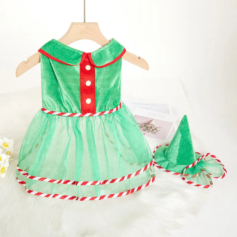 Pet green gauze skirt hat suit on a dog, flannel knitted fabric Christmas outfit