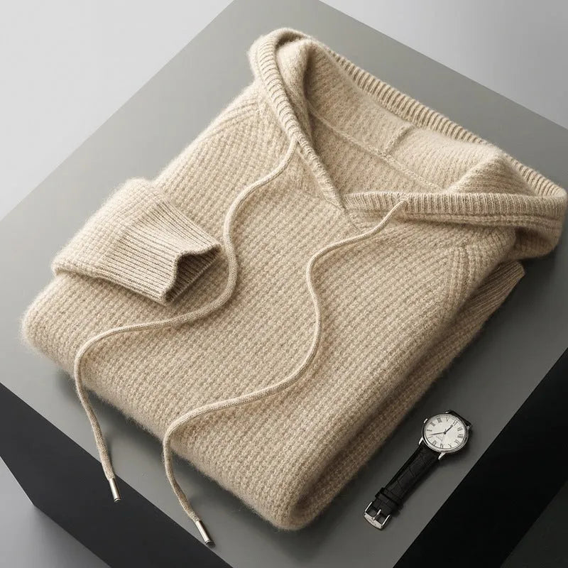 Hooded cashmere sweater, loose fit thickened winter pullover in camel, grey-green or navy blue, sizes S to XXXL