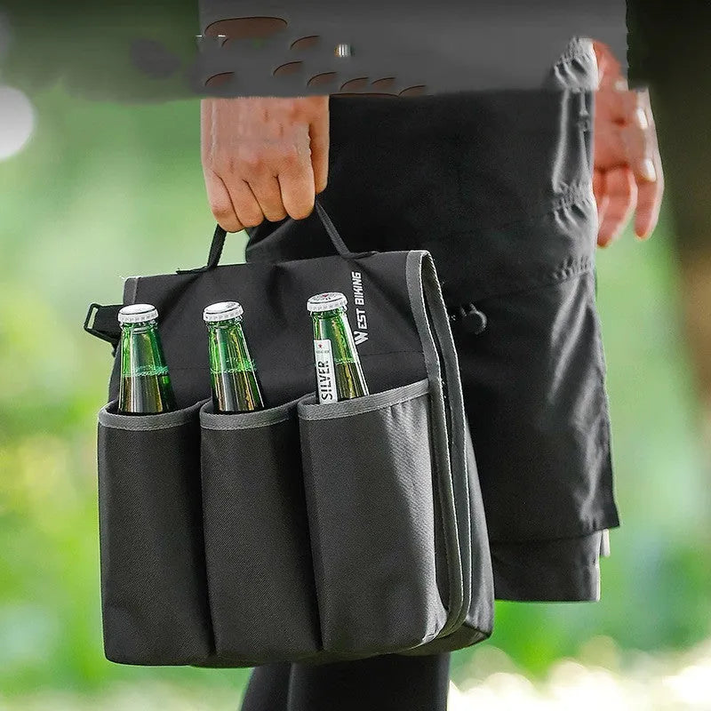 Double-sided black bicycle drink storage bag mounted on bike frame with bottle