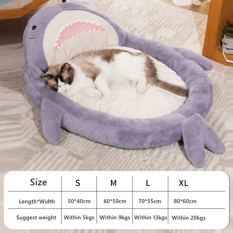 Shark pattern pet bed cushion in blue or grey with non-slip base and velvet fabric