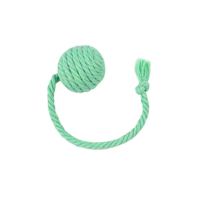Colourful cat toy ball with attached rope, internal bell makes sound when rolled