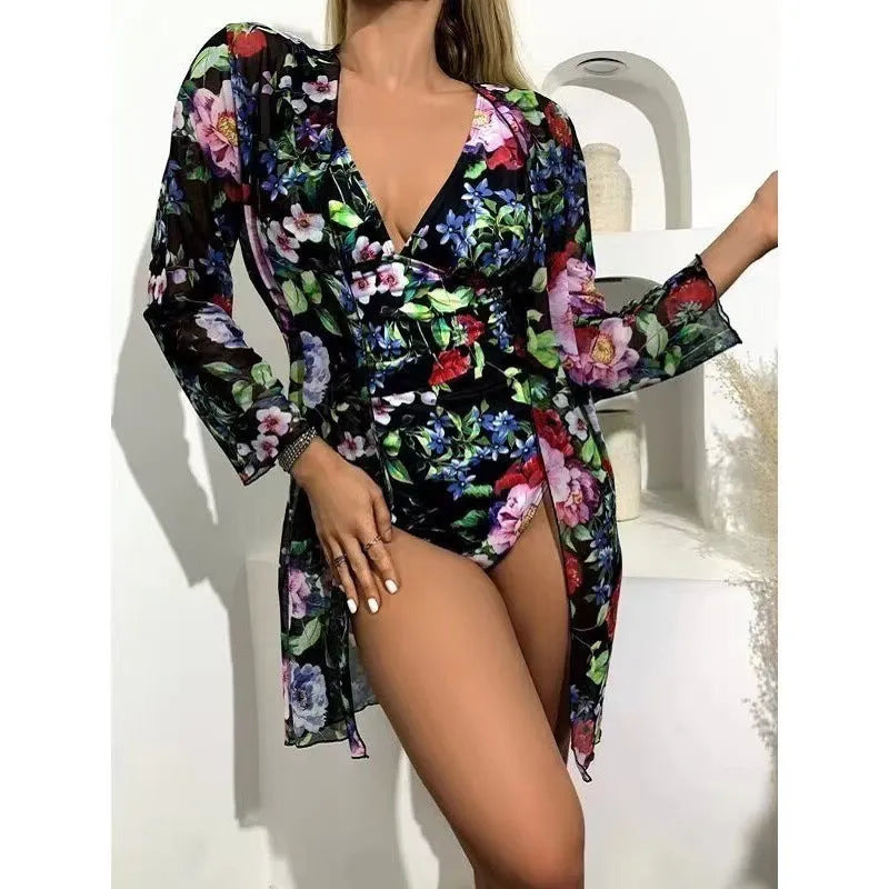 Women's floral bikini three-piece suit with matching coat in polyester fabric