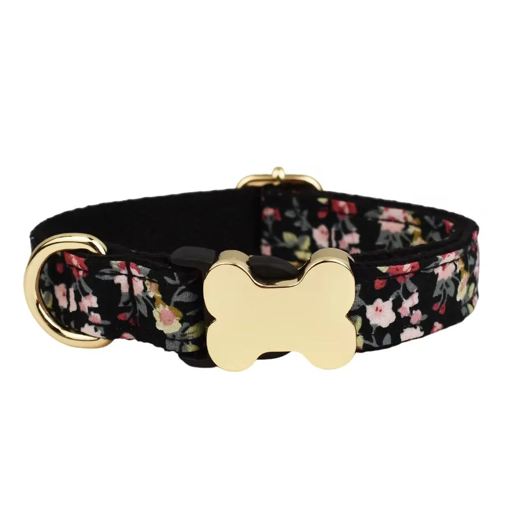 Nylon dog collar with grid pattern print and bone-shaped buckle in multiple colour options