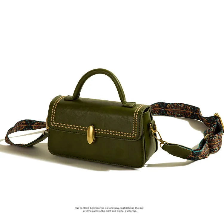Brown retro-style women's messenger bag with square shape, shoulder strap, and visible front pocket.