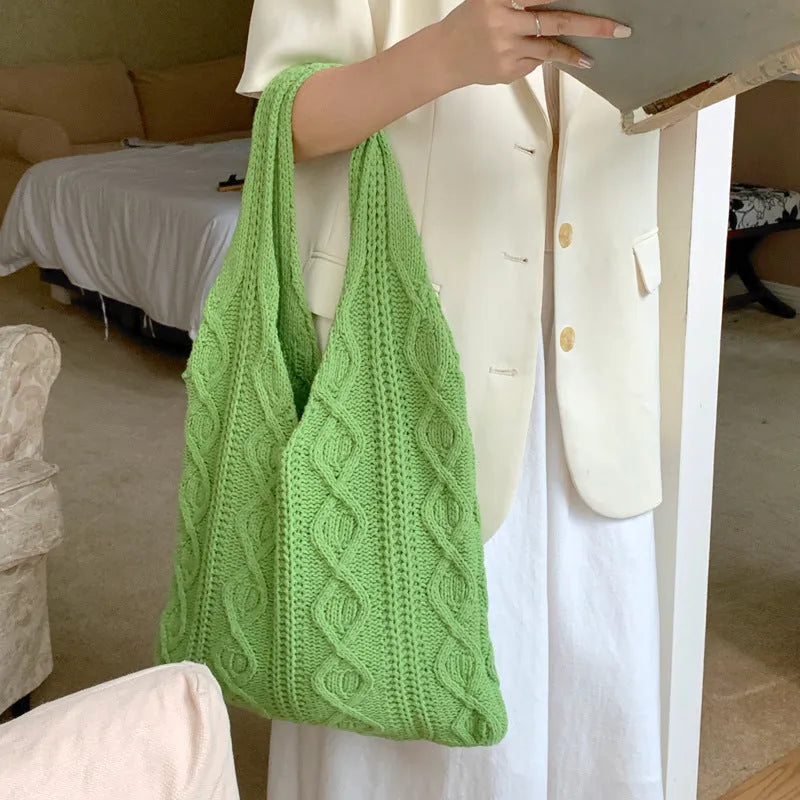 Retro hollow knitted polyester shoulder tote bag in large 55cm size with double straps.