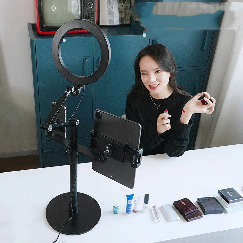 Black aluminium alloy mobile phone tablet stand with fill light for live broadcast shooting