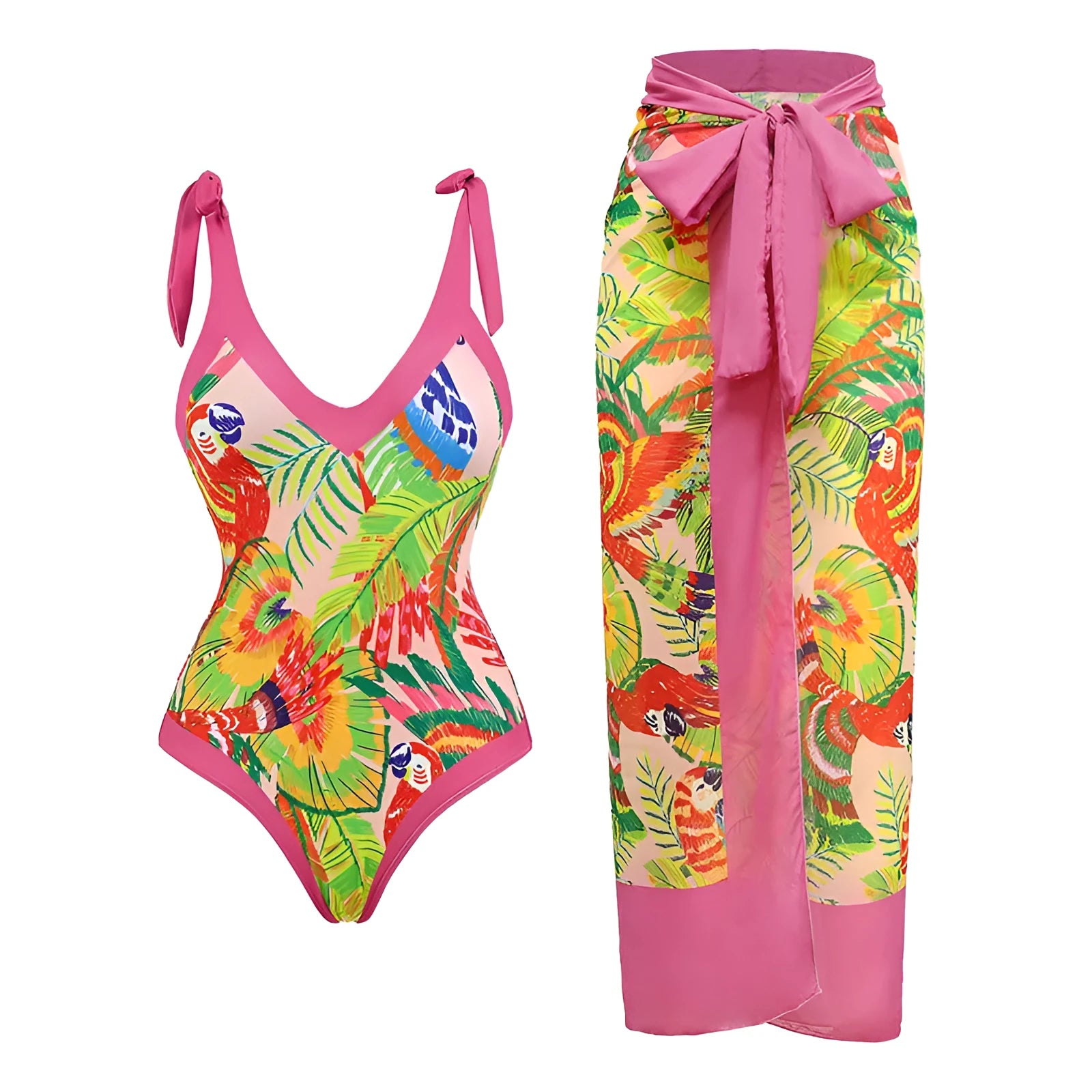 Women's solid colour spaghetti strap one-piece swimsuit with a matching skirt.
