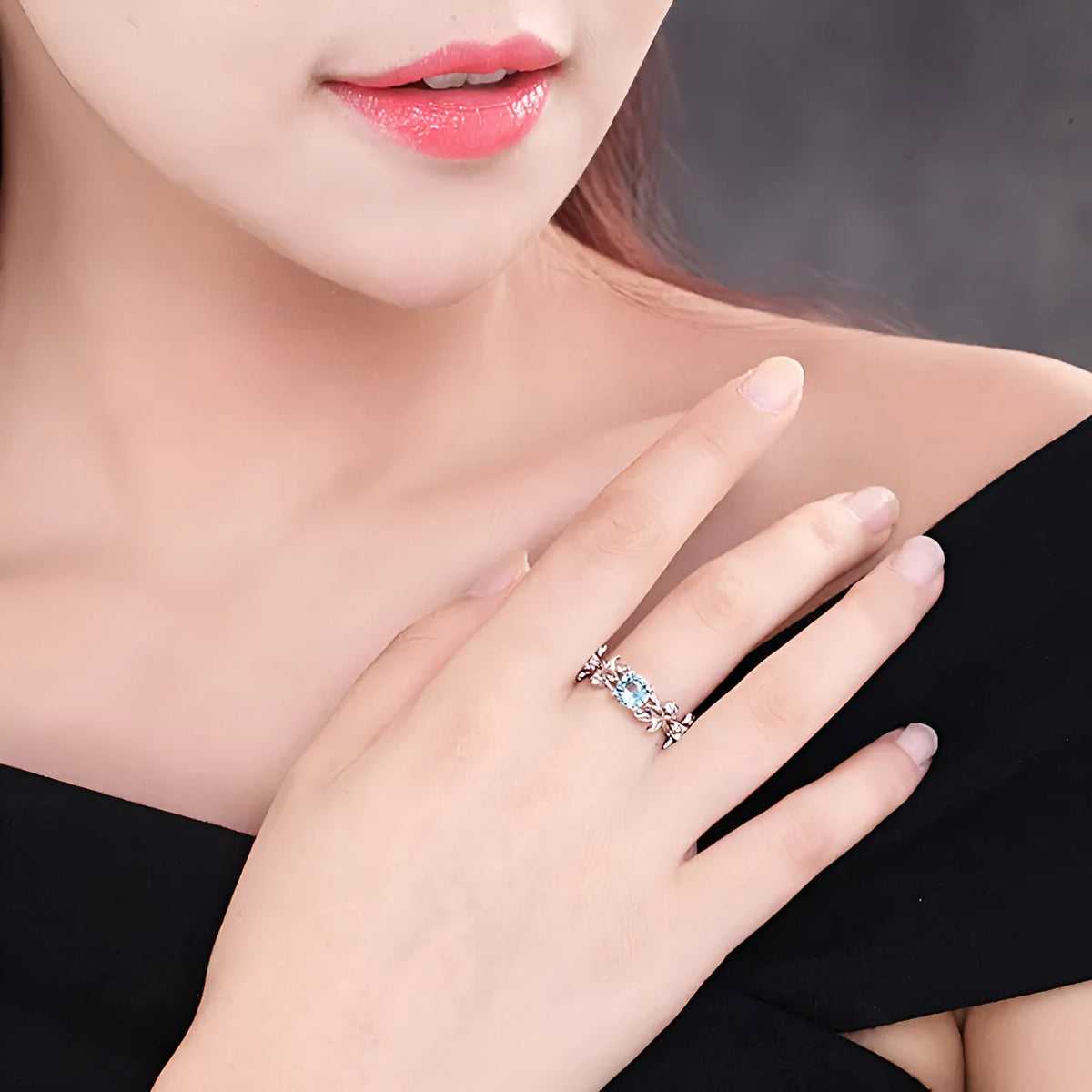 Zircon leaf engagement ring in electroplated metal, available in five colours and sizes 6 to 11
