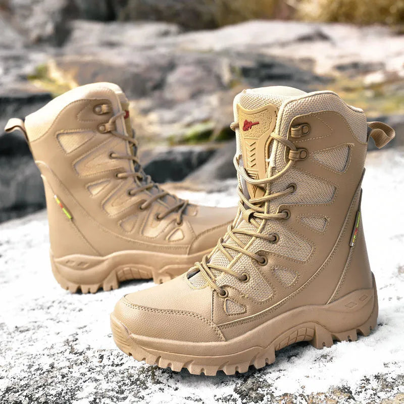 Men's cowhide leather hi-top hiking shoes in black, brown and beige colours