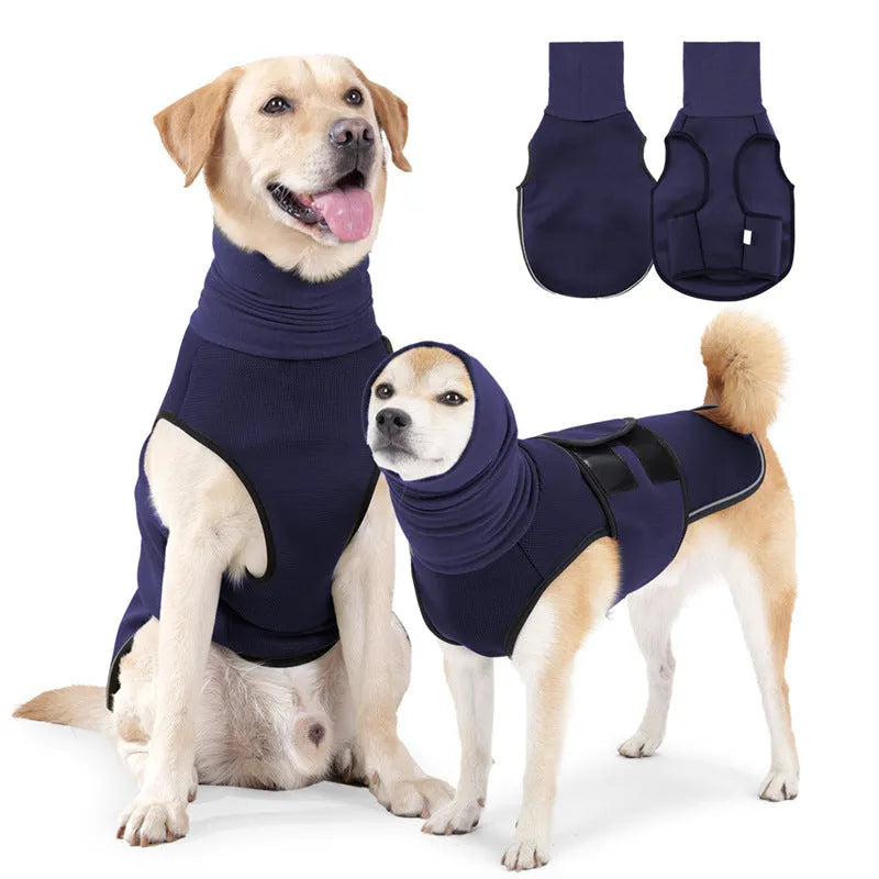 Dog wearing army green calming jacket with velcro straps for anxiety relief