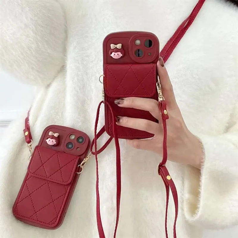 Red crossbody card holder phone case with lanyard and red diamond plaid TPU finish for iPhone