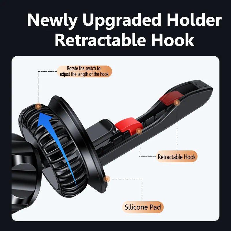 Black car air vent magnetic phone bracket attached to dashboard vent with smartphone mounted