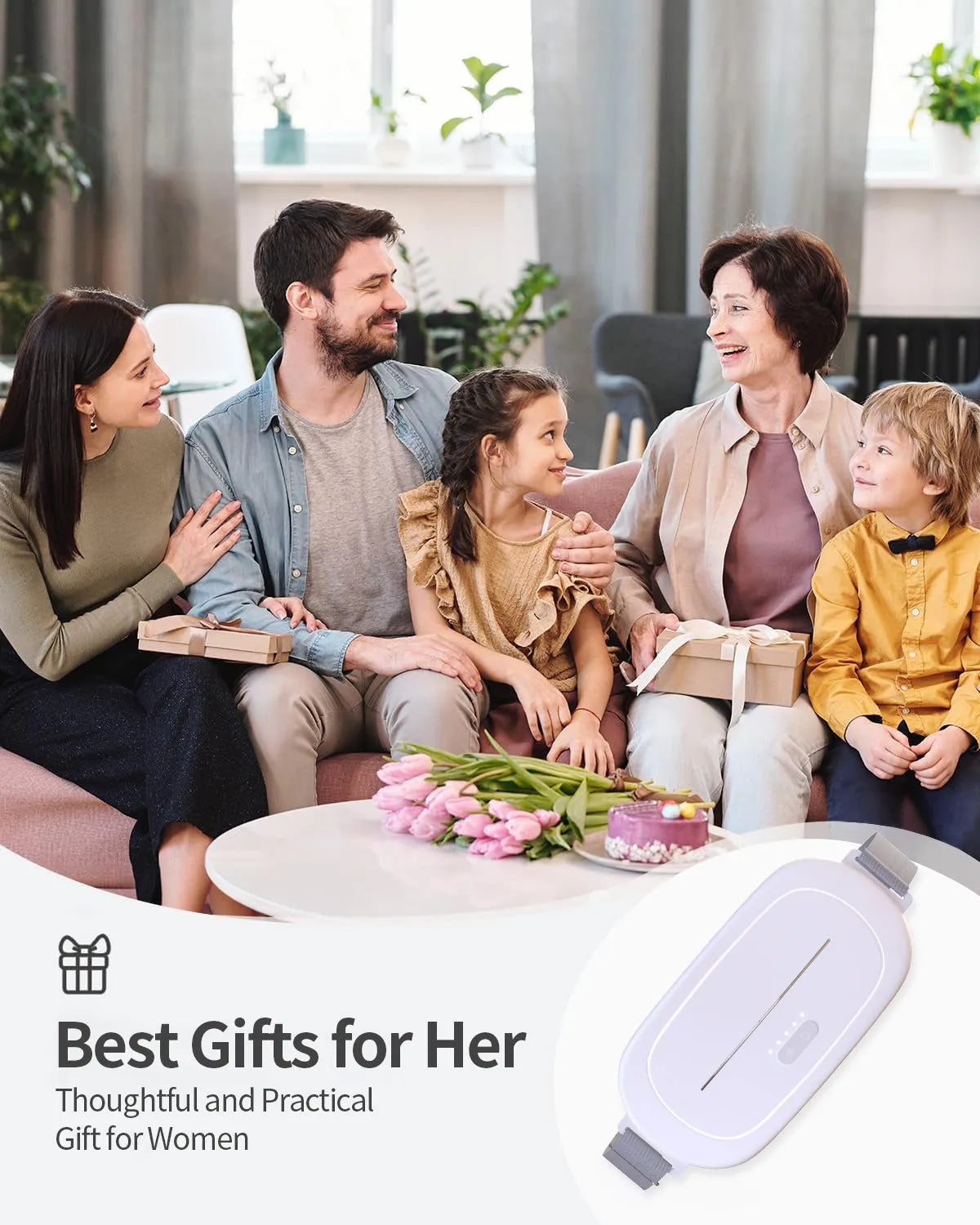 A white, cordless uterine warming device with soft silicone pads and a magnetic charging cable.