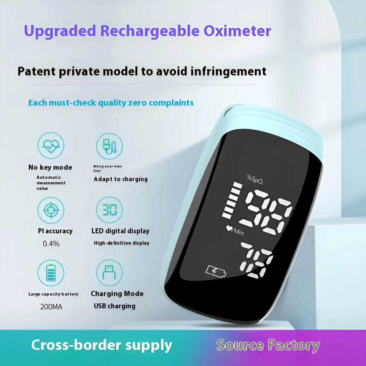 Rechargeable finger clip pulse oximeter with built-in battery, ABS body, and English manual, shown in light blue.