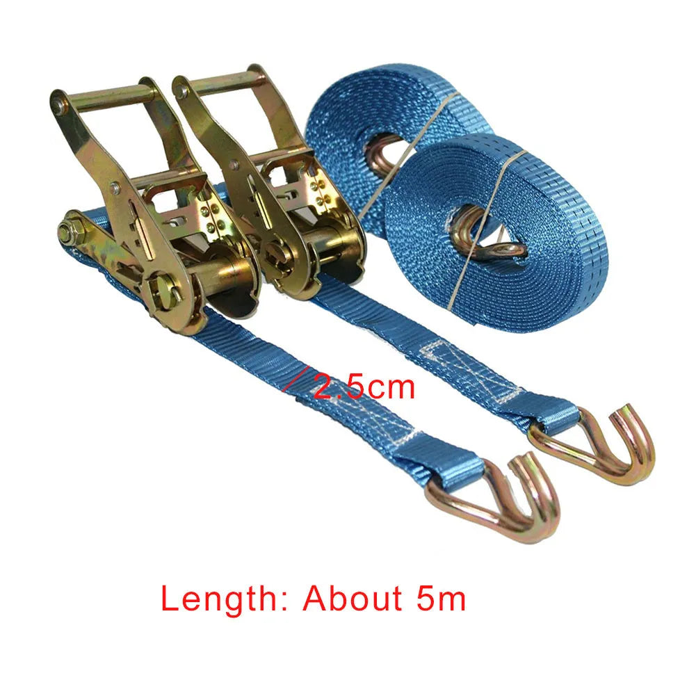 Ratchet tensioner tool with double hook straps for cargo binding and furniture fastening