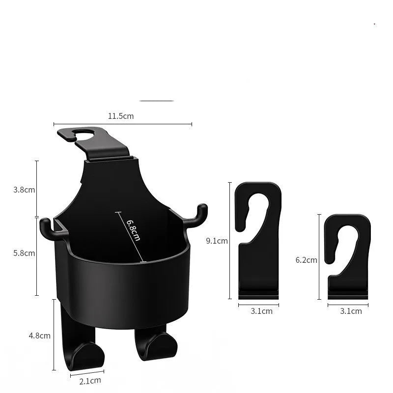 Black plastic car seat back hook with cup holder and hanging hooks for in-car organisation.