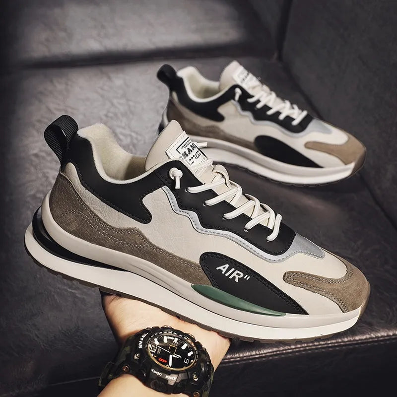 Men's fleece sports casual shoes in beige with PU and cloth upper and colour matching detail