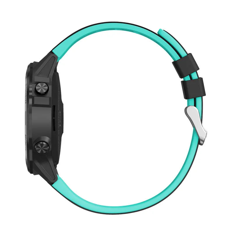 Outdoor sports smart watch with silicone band showing on a wrist, display visible with fitness metrics.