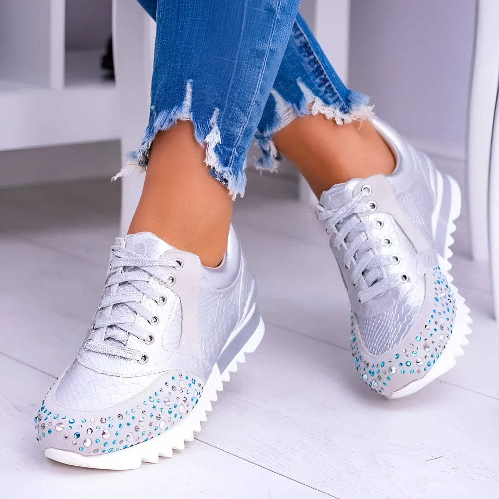 Plus size women's black sports running shoes with rhinestone accents, non-slip rubber sole, and front lace-up closure