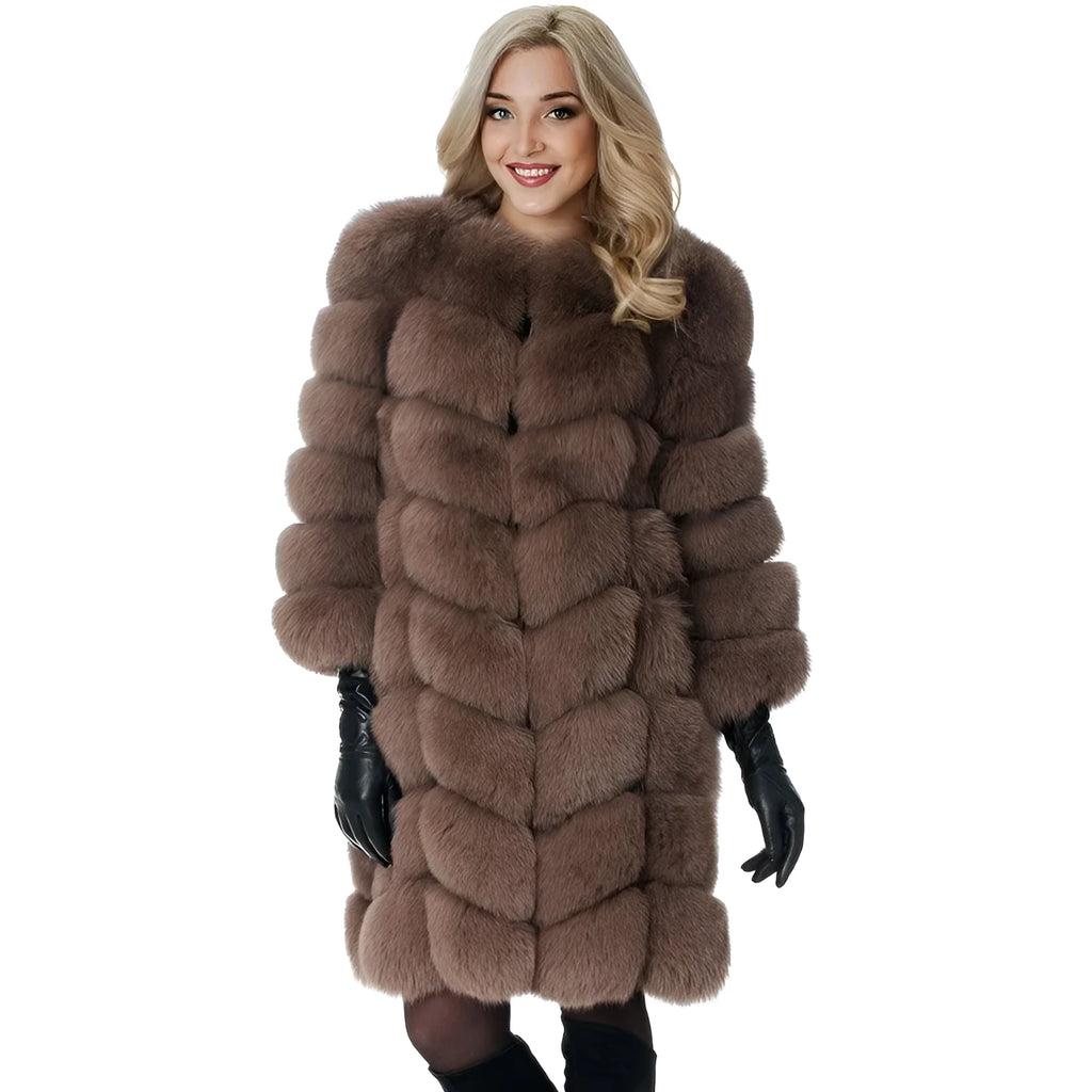 Women's long artificial fur coat in wine red colour, showing regular sleeves and a full-length design.