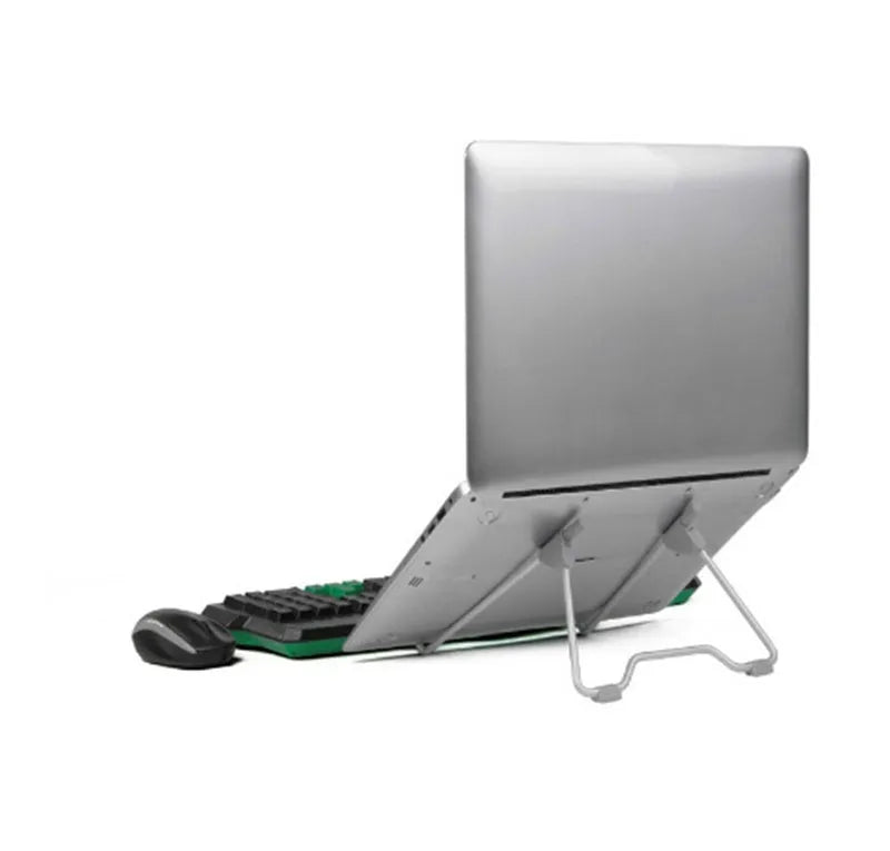 Grey aluminium alloy and engineering plastic foldable mobile phone and laptop stand on a desk.
