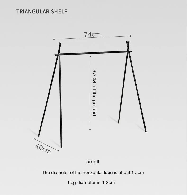 Aluminium alloy foldable camping clothes drying rack with triangle frame and multiple hooks