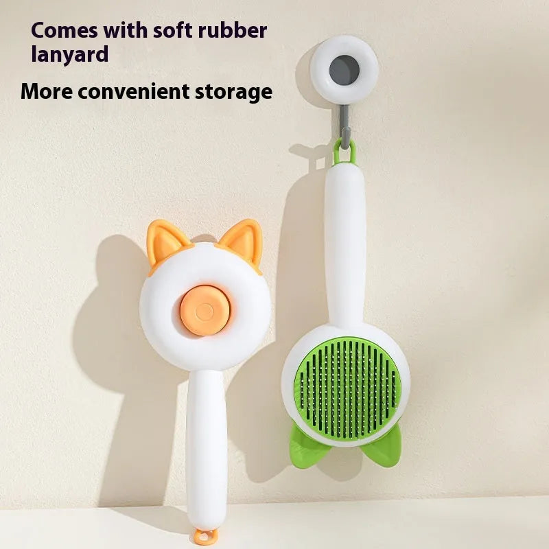 Self-cleaning pet dematting comb with stainless steel pins in greenish white and orange white colour options
