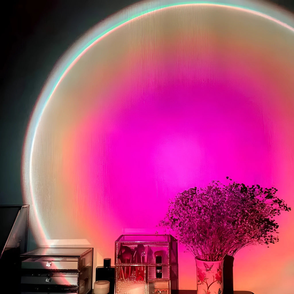 Red sunset and rainbow projection lamp with USB rechargeable operation and push-button controls