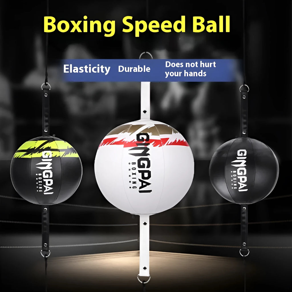 PU leather hanging boxing speed ball for reaction training in black, black and green, or white.