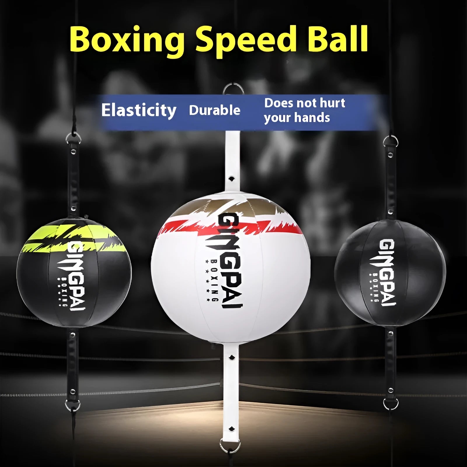 PU leather hanging boxing speed ball for reaction training in black, black and green, or white.