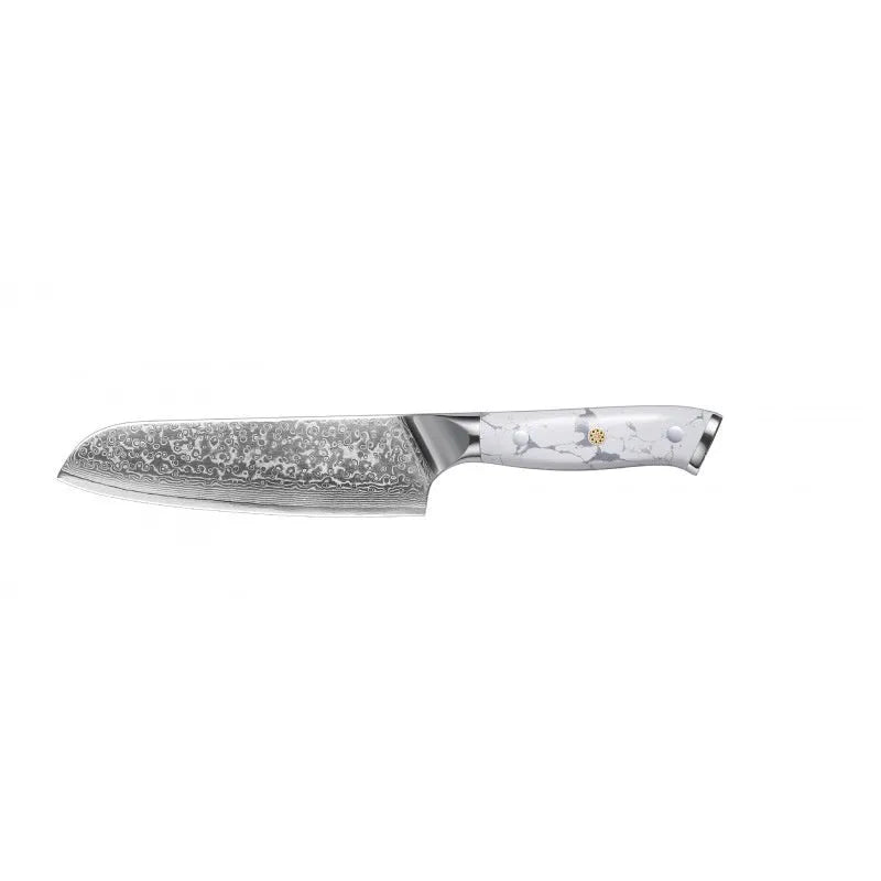 Damascus pattern VG10 steel chef knife with 21cm blade on cutting board