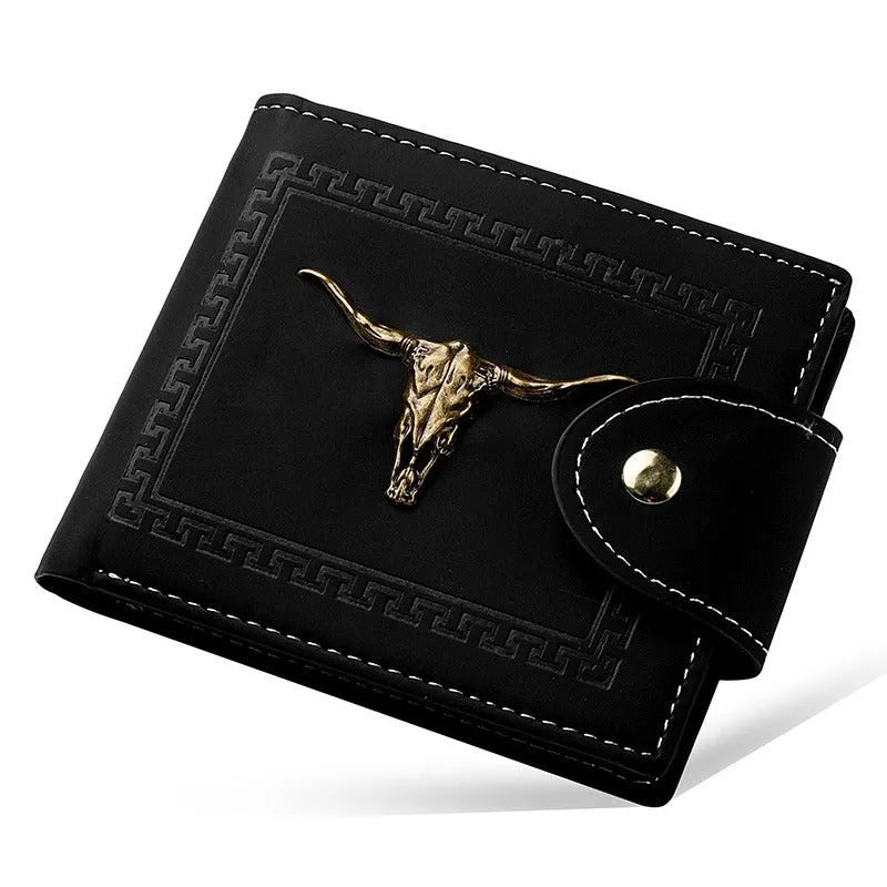 Black men's short wallet with animal print, showing zipper closure and multiple card slots.