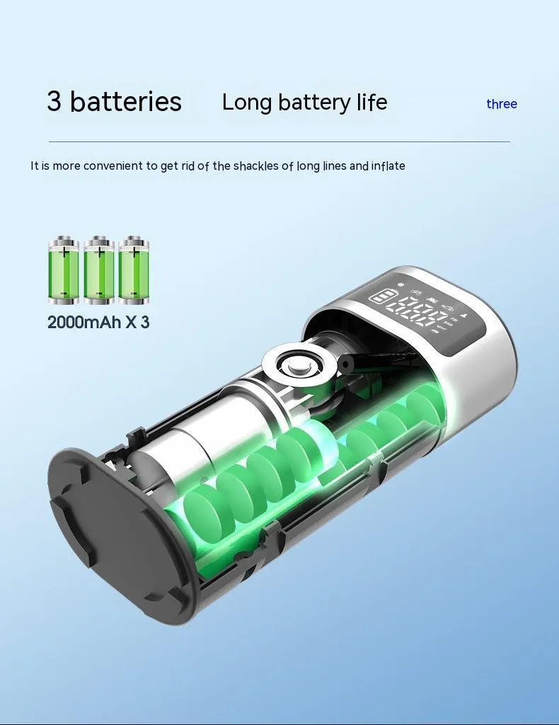Black portable wireless air pump with 15cm tube, multiple nozzles, and storage bag
