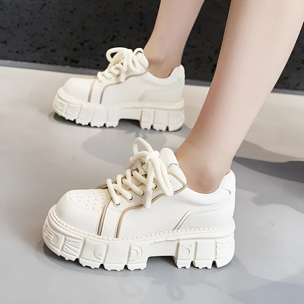 Women's beige leather casual shoes with muffin bottom height-increasing design
