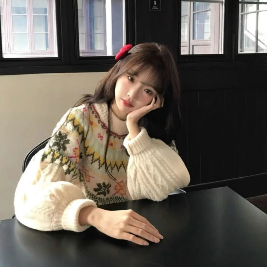 Women's milky white lantern sleeve pullover knitwear with oversized mori style