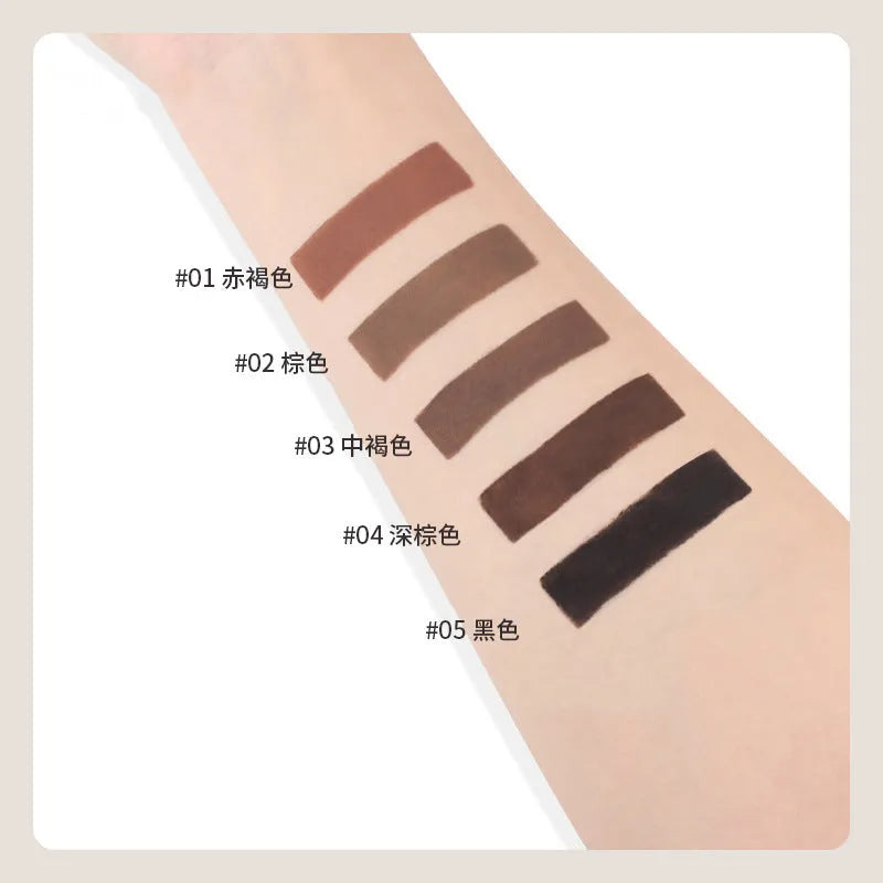 Double-headed eyebrow cream cosmetic product showing pencil and powder ends with five brown shade options