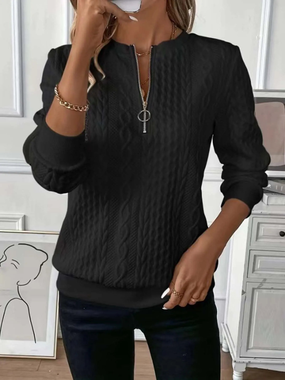Women's loose fit zipper cardigan coat with 3D effect pattern in khaki colour, polyester fabric, front zipper closure