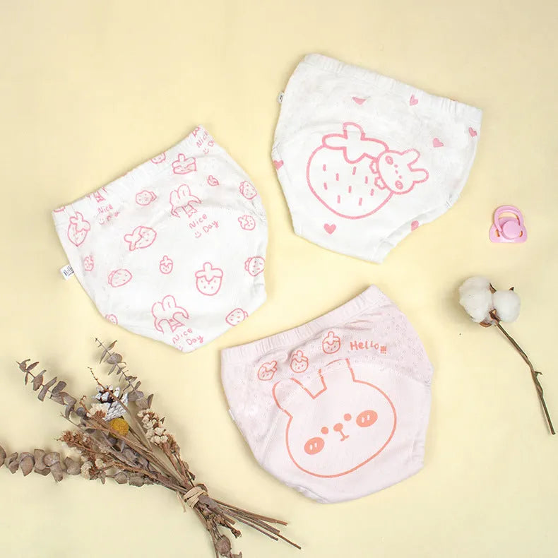 Reusable pure cotton cloth diaper with waterproof layer in bear and strawberry rabbit prints, sizes 90 to 110