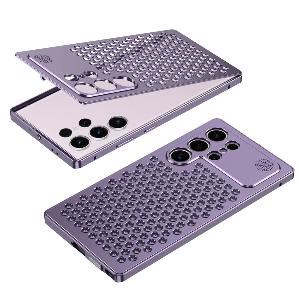 Samsung S25 Ultra aluminium alloy aromatherapy phone case with spring fastener shell in titanium black colour on a surface