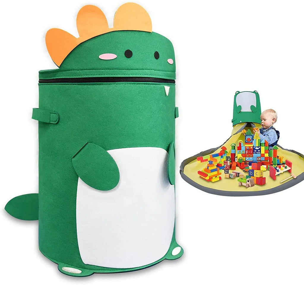 Green felt storage cube with pull rope converts to flat play mat for toy organisation