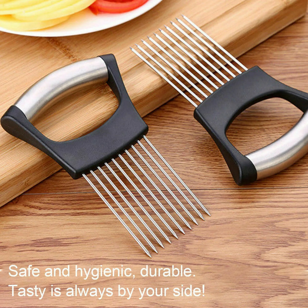 Stainless steel onion holder and vegetable slicer tool with ABS handle on a kitchen counter.