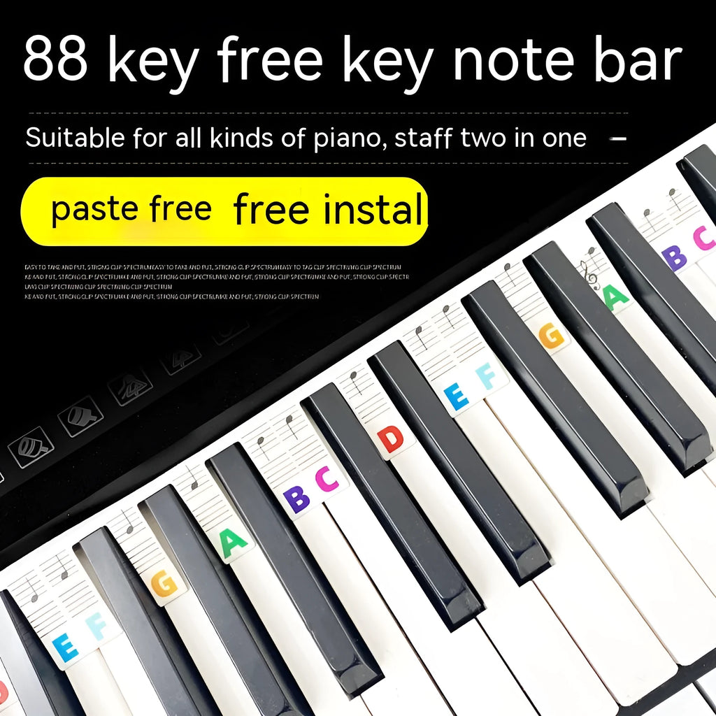 88 key piano keyboard stickers with colour note bars and black notes on white card material