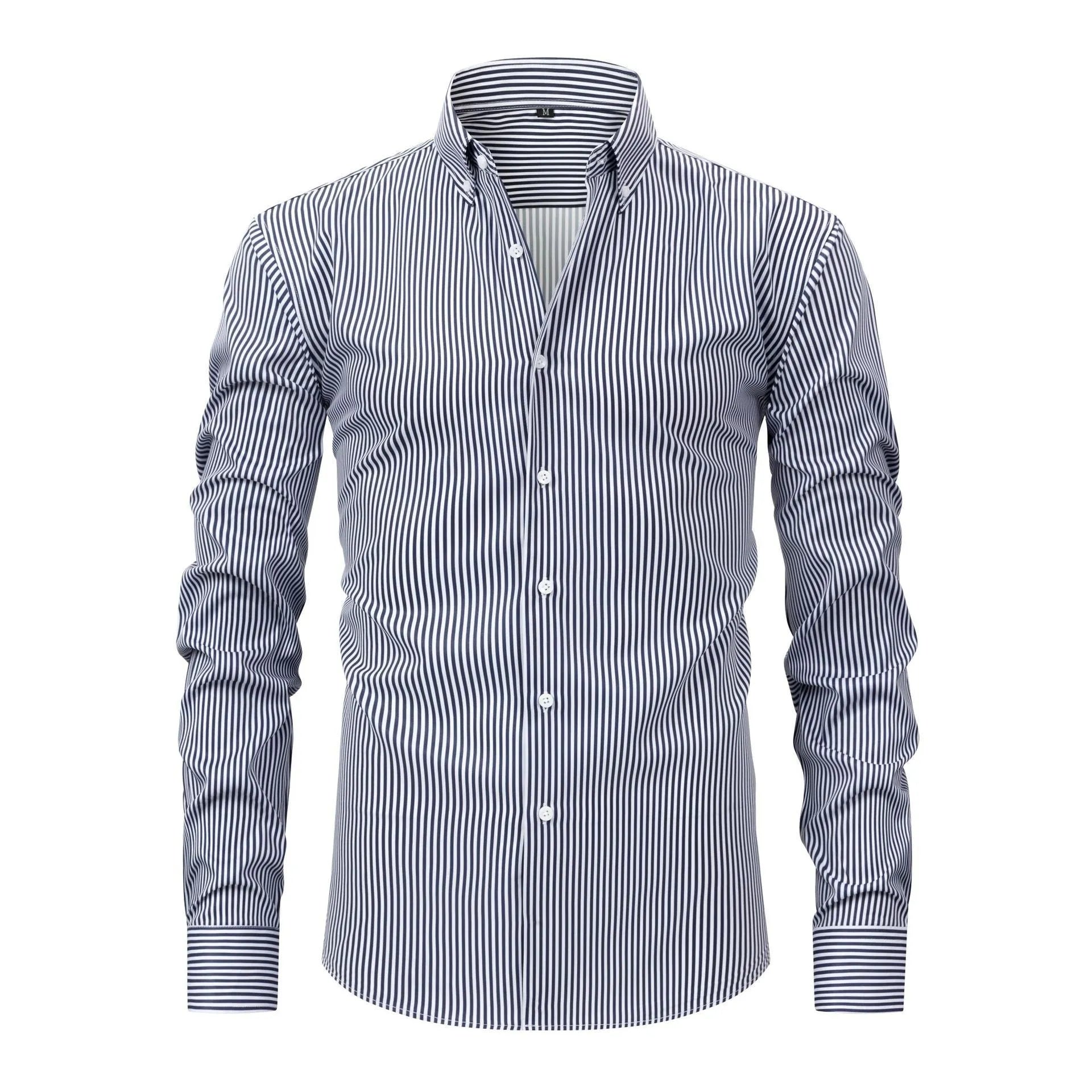 Man wearing a striped long sleeve business shirt with a lapel collar in a blue colour variant.
