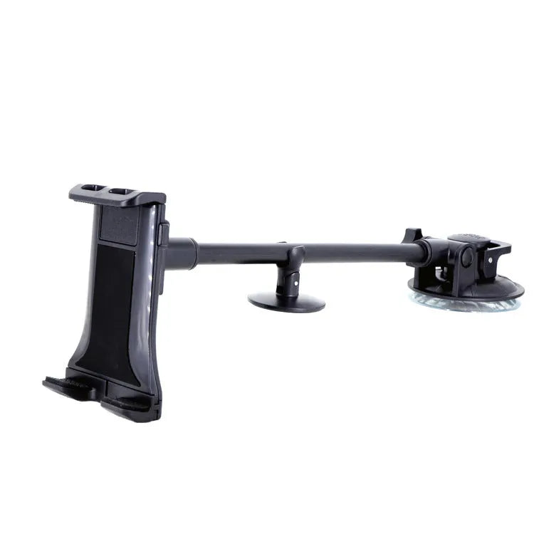Black vehicle tablet holder with long suction cup rod for 4-12 inch tablets on car windscreen