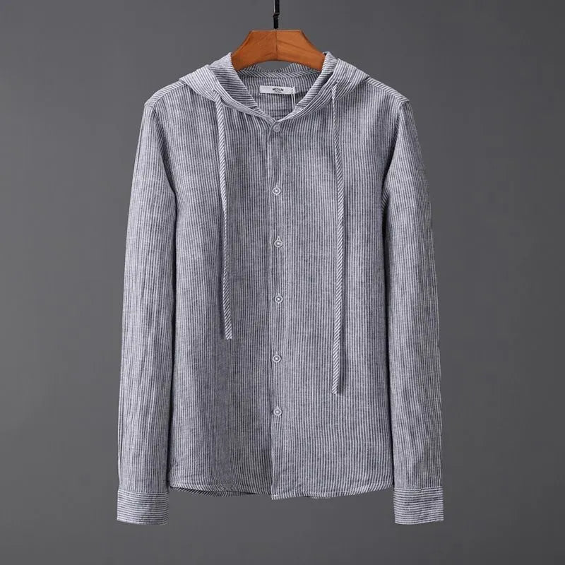Men's hooded striped long sleeve shirt with wool lining, plus size, in white black gray sky blue apricot