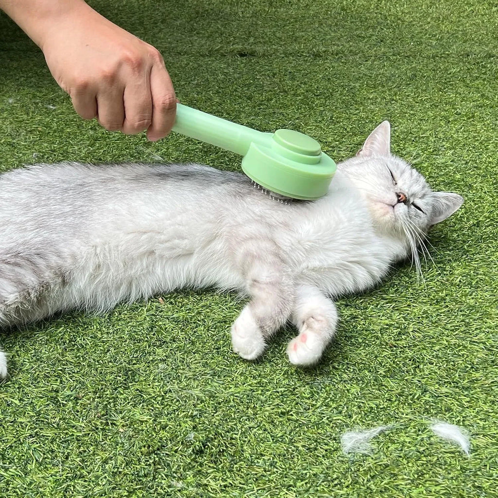 Green and yellow 2-in-1 stainless steel pet deshedding brush with hanging loop