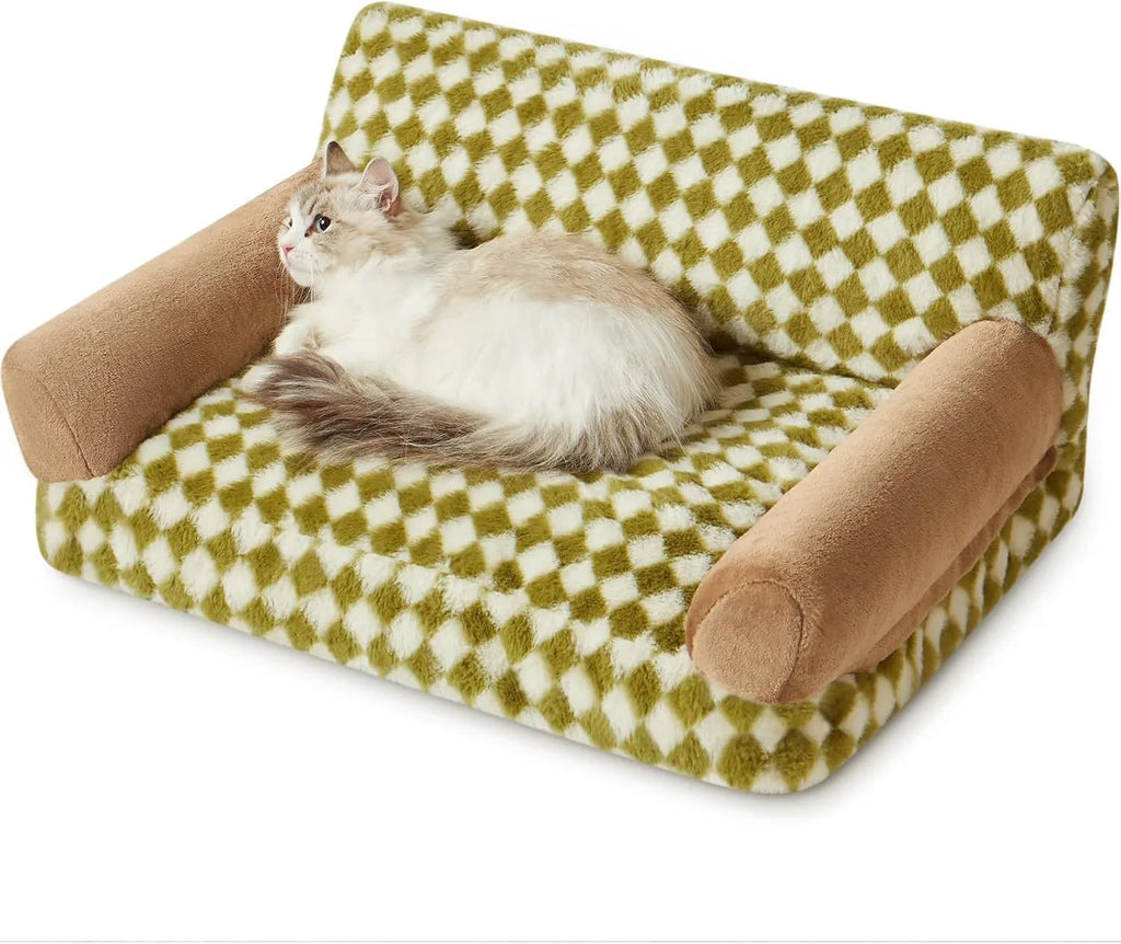 Pet couch bed for small dogs and cats with checkered pattern and non-slip bottom, white and grey, in a living room
