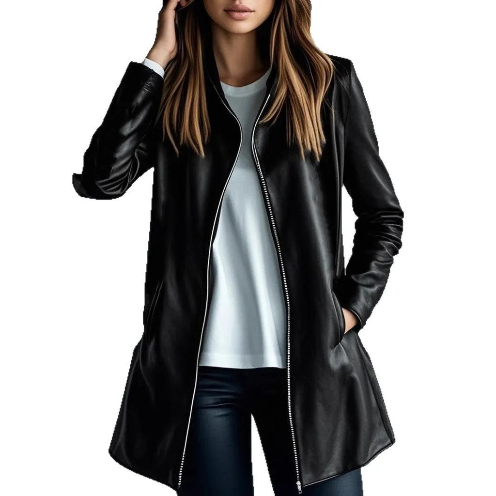 Women's black polyester leather jacket with medium length 65cm cut and long sleeves