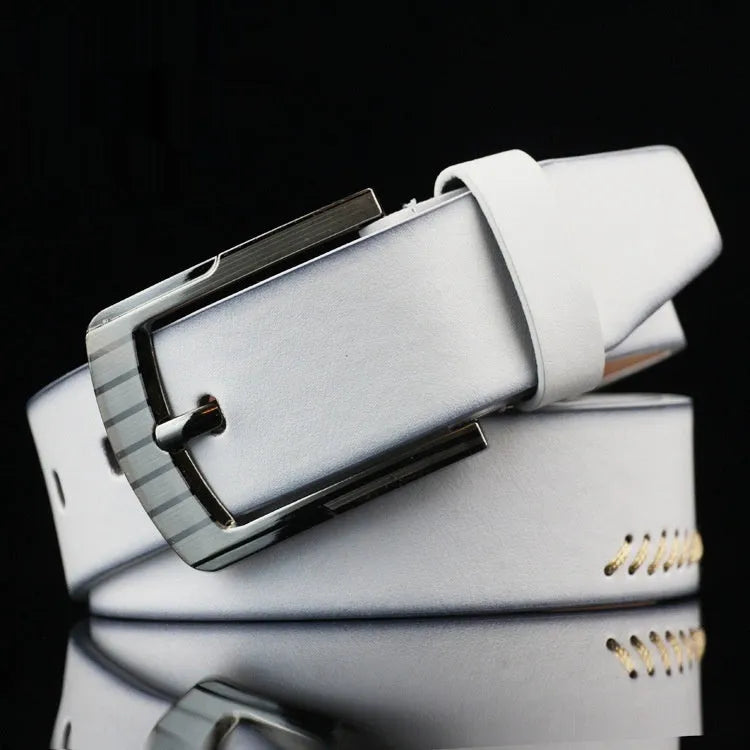 Men's retro pattern imitation leather belt with alloy pin buckle in black, white, or brown colours